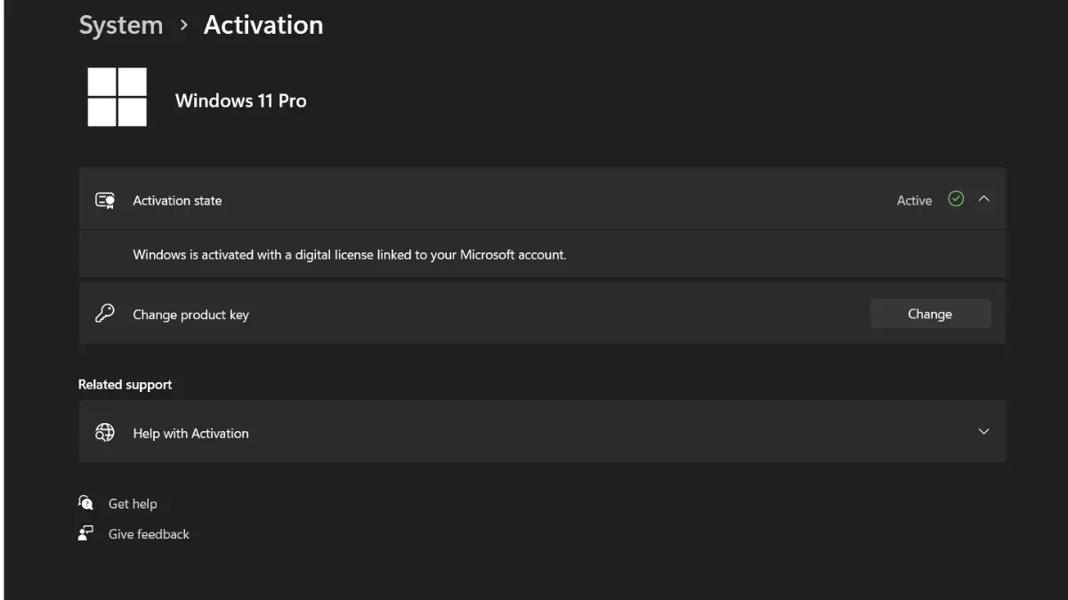 Windows 11 Pro activation state showing Active in Settings > System > Activation