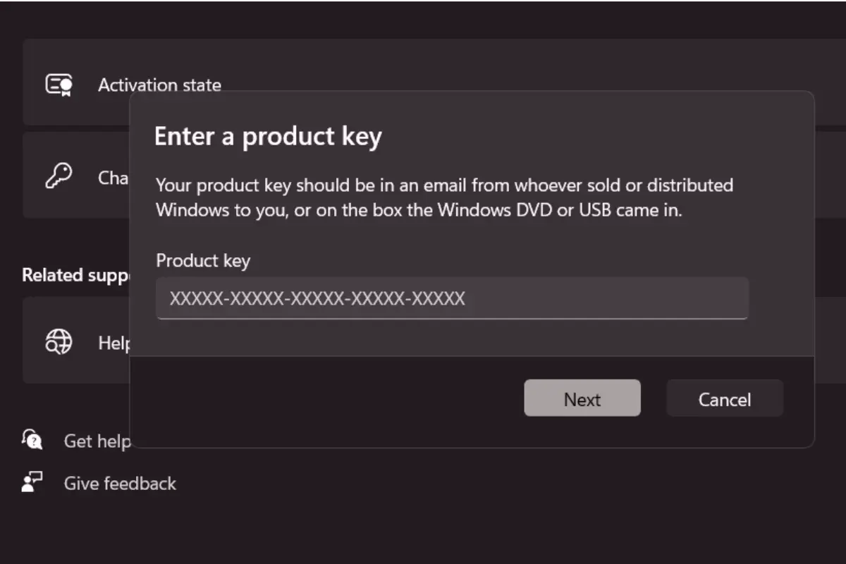 Enter a product key window in Windows 11 to activate Windows 11 Pro